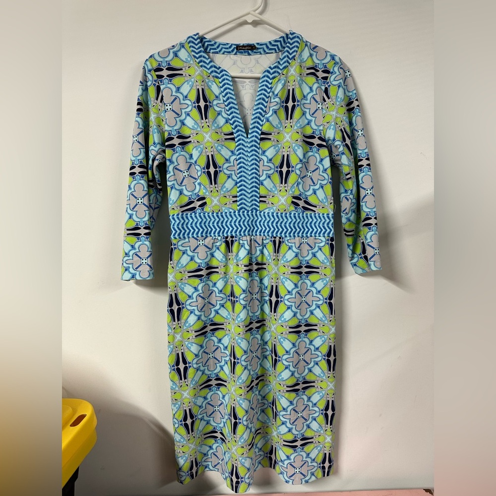 J Mclaughlin Dress Womens Small Blue Green Geometric Henley Catalina Cloth Nylon
